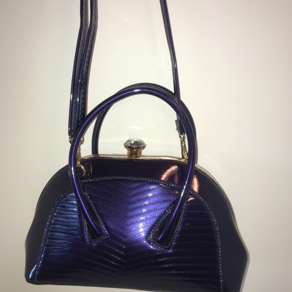 Shiny Dark Purple Handbag with Shoulder Strap - Picture 3 of 7